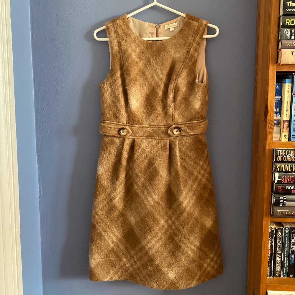 Shoshanna Camel Colored Plaid Print Wool Dress